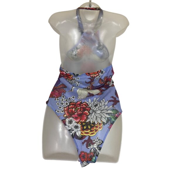 Fashion Nova Asian Dragon Floral Bodysuit‎ Periwinkle Blue Size Large Sexy Sheer - Picture 3 of 4